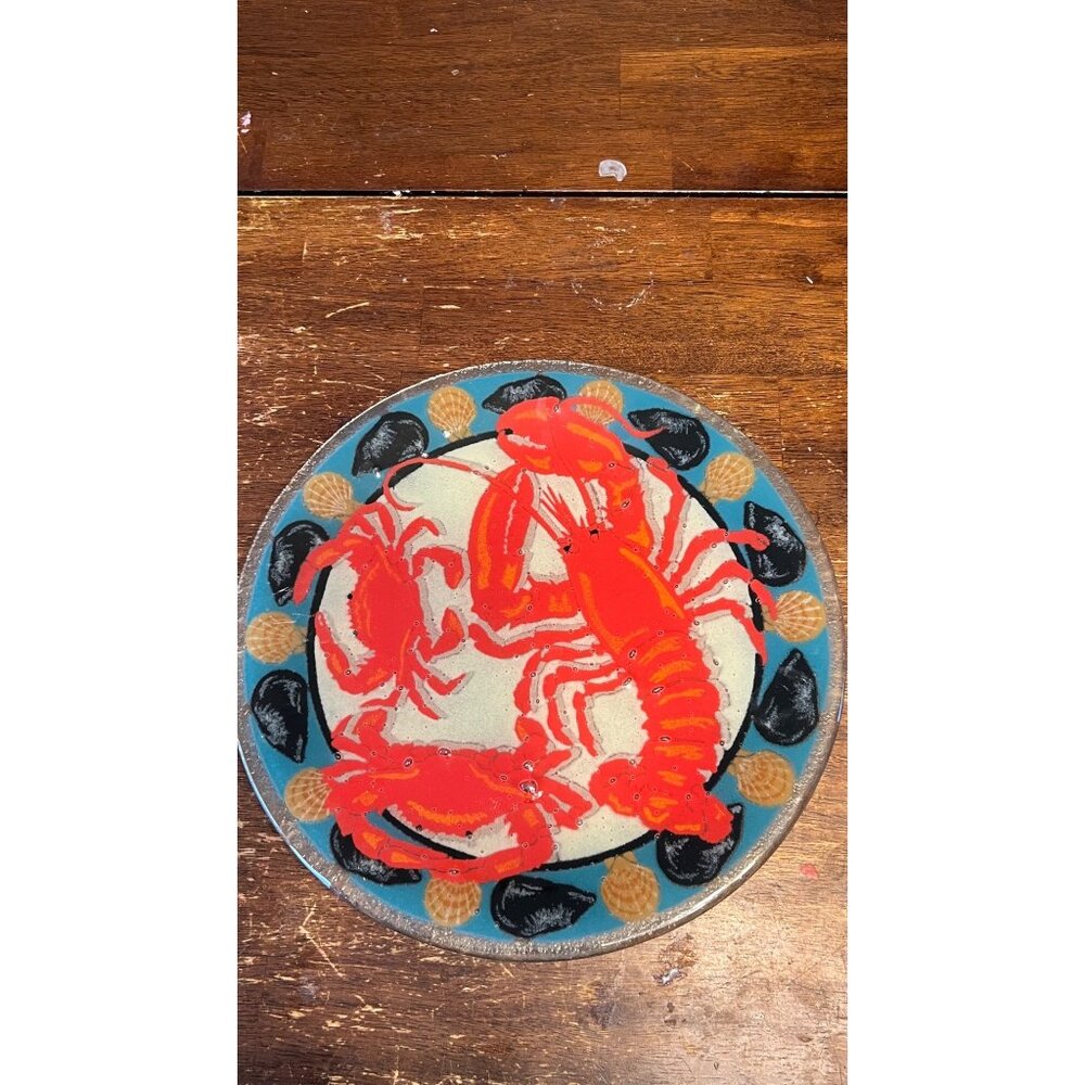 Peggy Karr Fused Glass Plate With Vibrant Lobster & Shell Design Signed Collecti